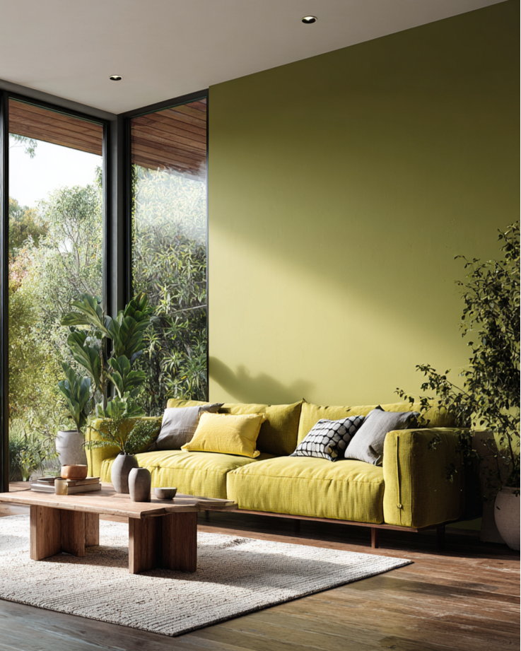 Modern living room painted in Matcha Green with a yellow sofa, wooden coffee table, and large windows overlooking greenery.
