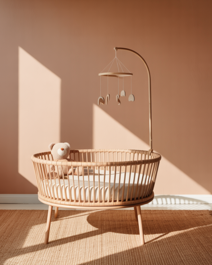 Wooden crib with a mobile and teddy bear against a pink wall