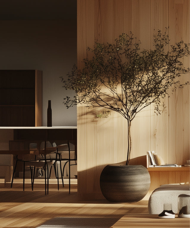 Modern interior with a potted plant against a wooden wall