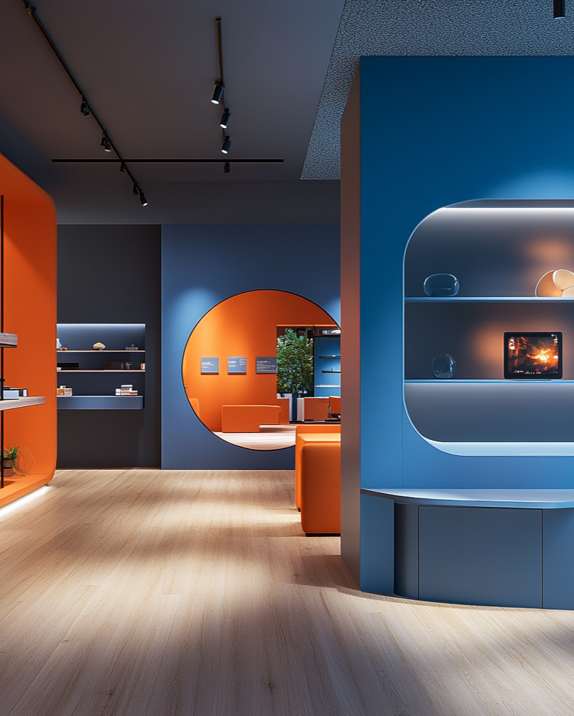 Modern interior design with orange and blue walls, shelves, and a round mirror.