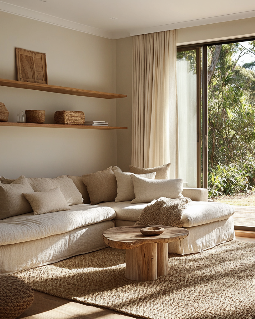 Modern living room with beige sofa, wooden coffee table, and large window view.