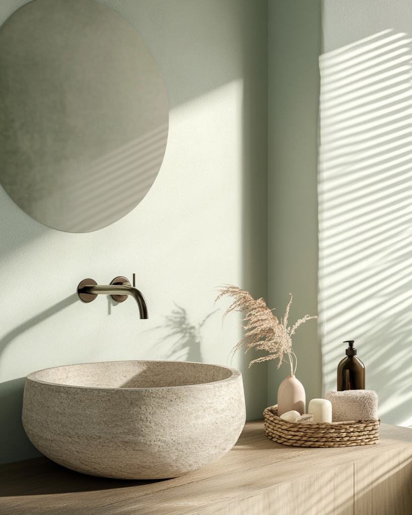 Bathroom with a stone sink, round mirror, and natural light