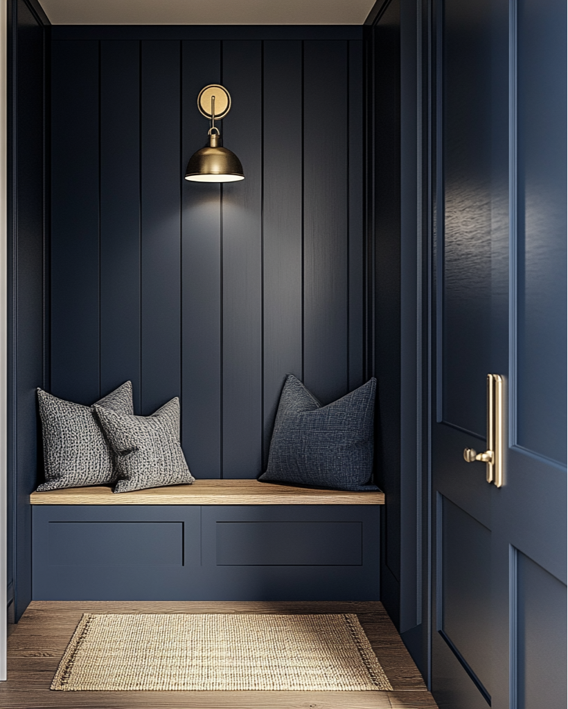 Nook with wooden bench, cushions, and wall-mounted light fixture in a dark blue room.