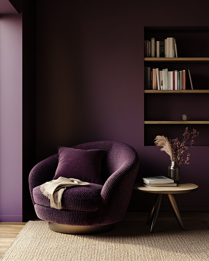 Purple armchair in a room with a bookshelf and large window