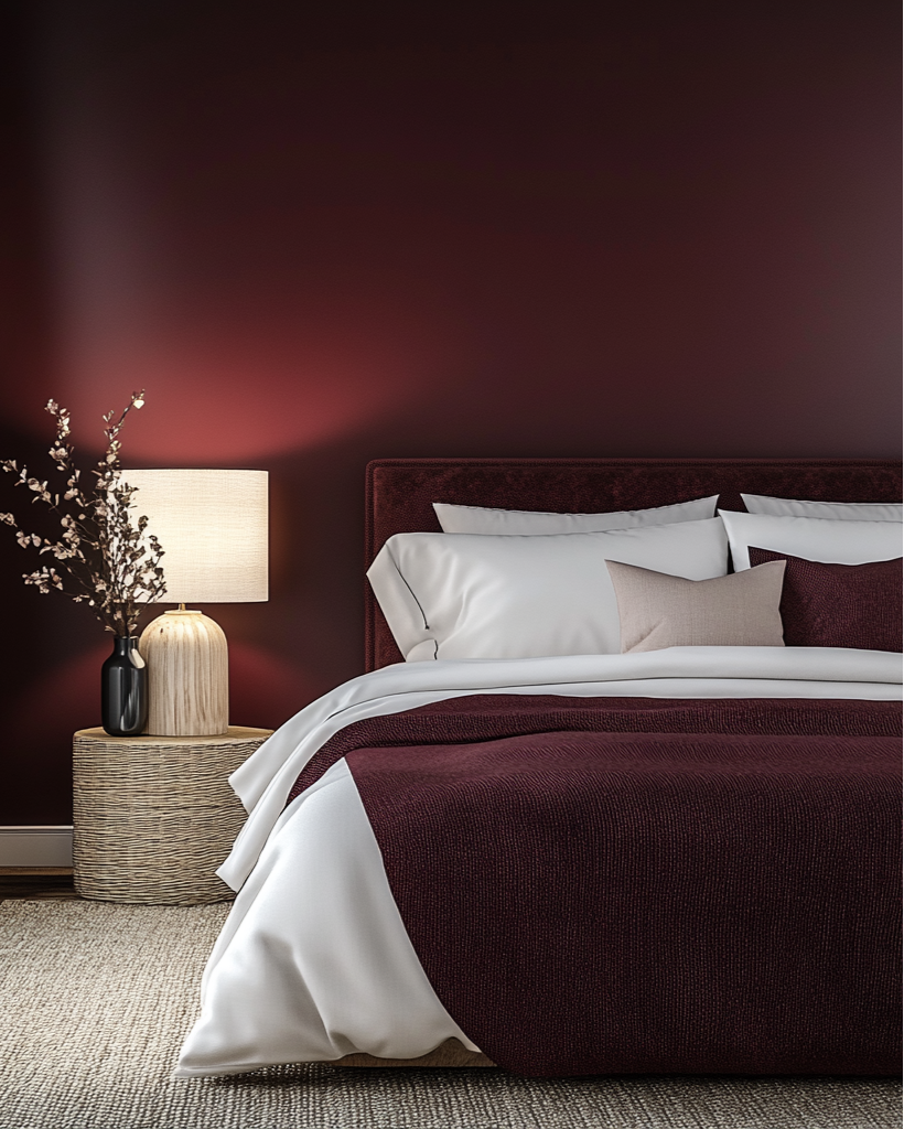 Modern bedroom with a bed, nightstand, and decorative elements and rich red wall.