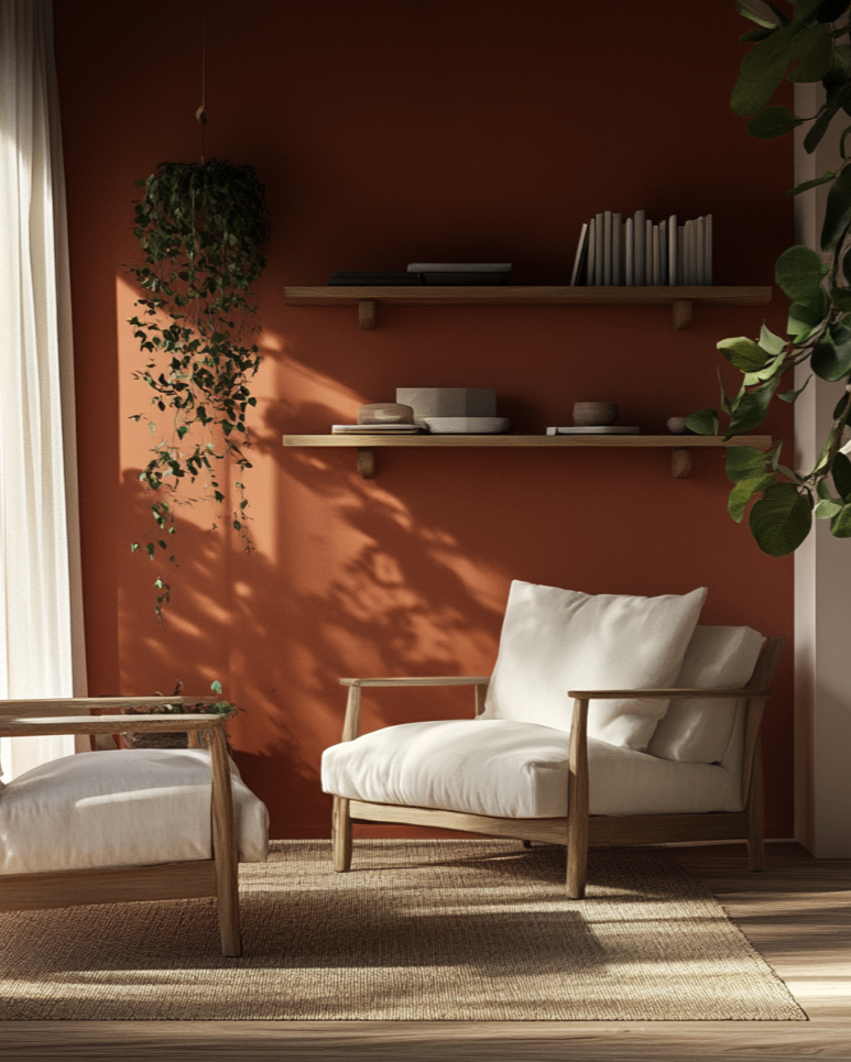 Modern living room with white chairs, a wooden shelf, and plants against an orange wall.