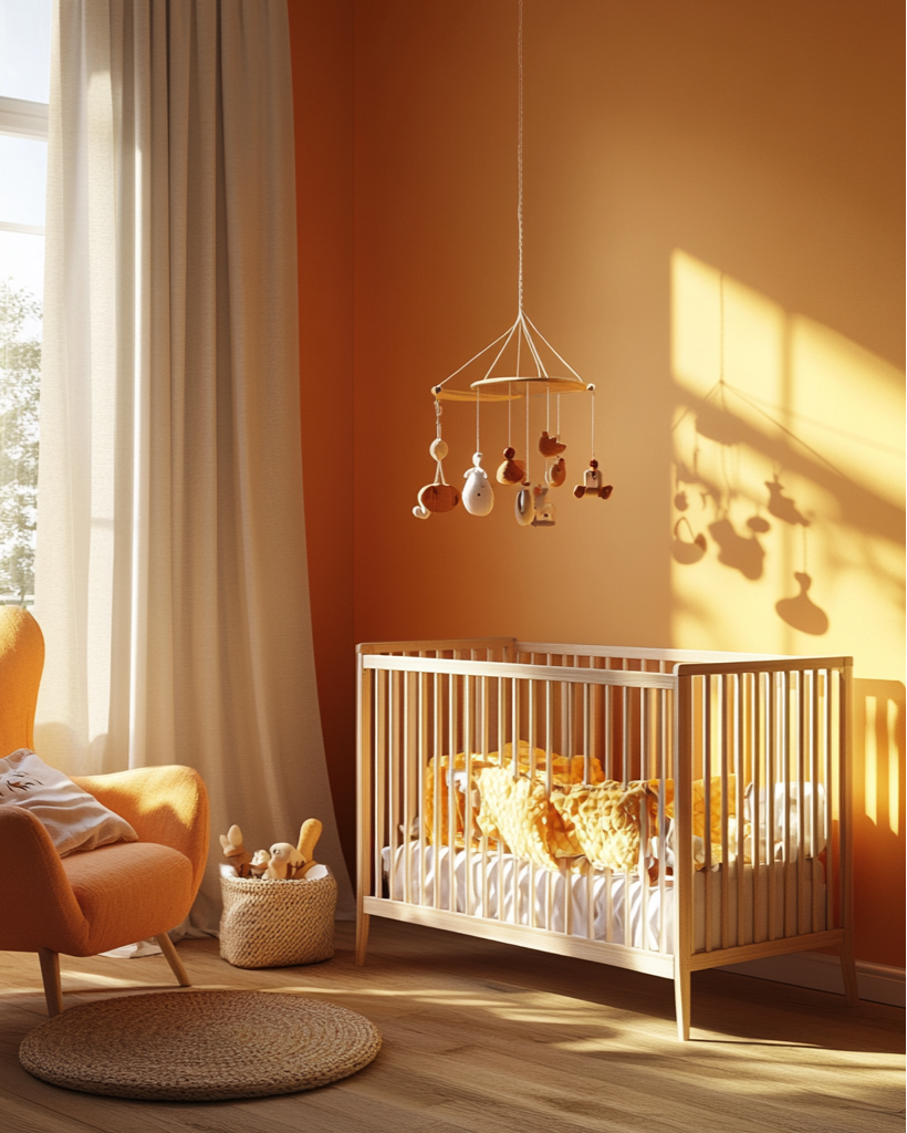 Nursery room with a crib, chair, and toys in a bright orange room.